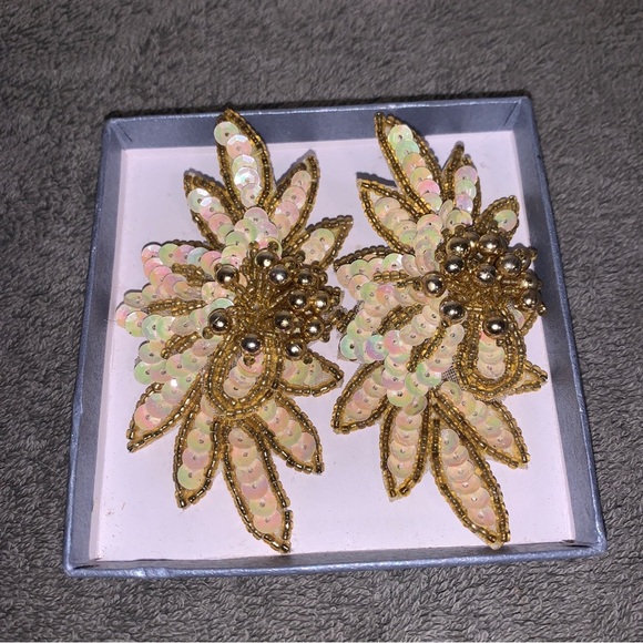 Vintage 80s 3” Earrings MOP Sequin Gold Tone Beads Leather Bling Costume Vegas - Picture 1 of 4
